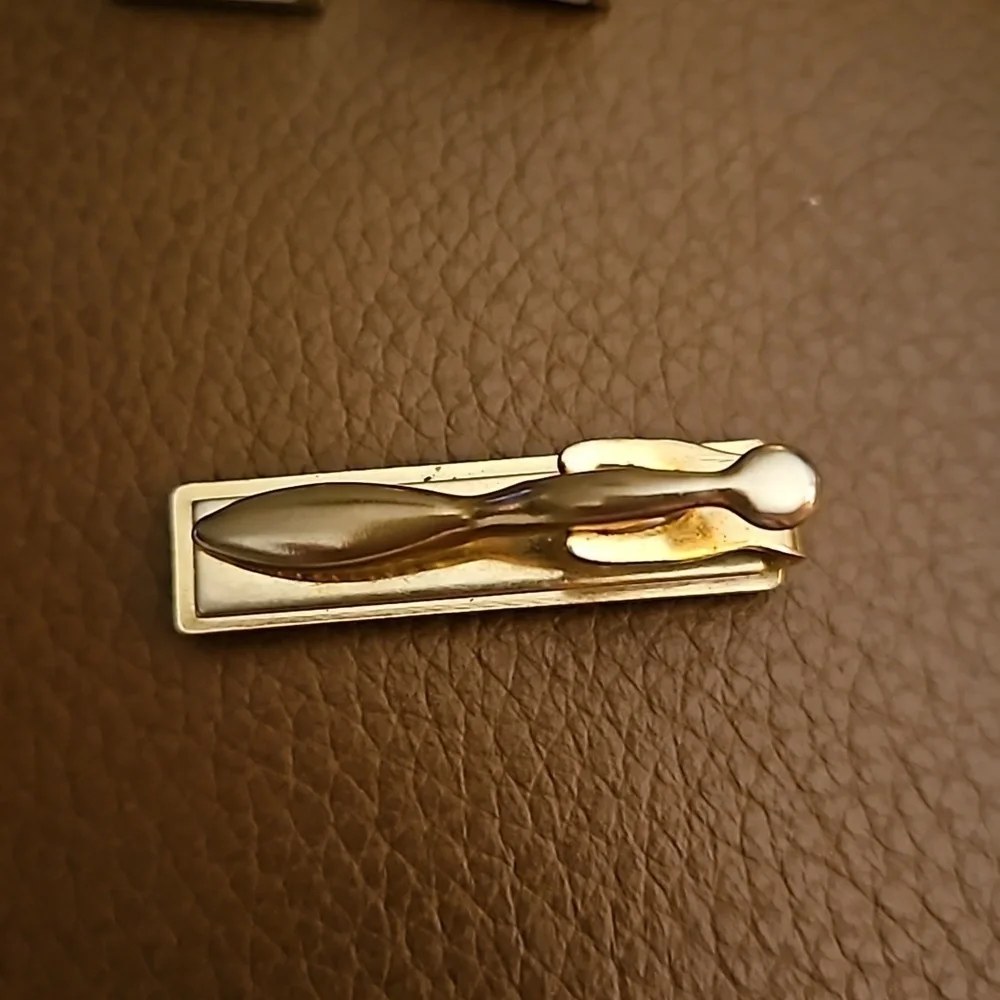 Vintage Goldtone MOP Caduceus Cufflinks and Blue Resin Tie Clip Set